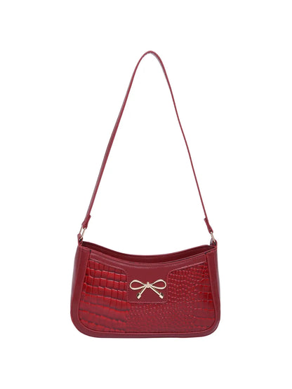 Elegant Crocodile Pattern PU Leather Shoulder Bag with Bow Detail