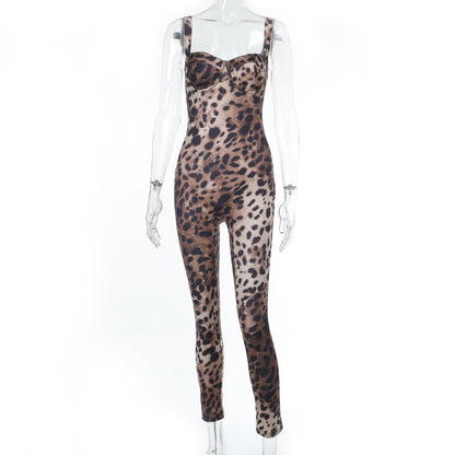 Women's Tailored Leopard Print Jumpsuit with Camisole Straps