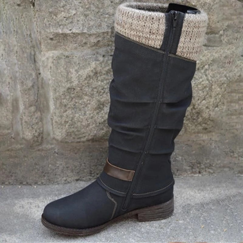 Women's Thick Heel Yarn Splicing Mid-Calf Boots with Side Zipper