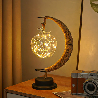 LED Star in Moon Night Light with Hemp Rope and Iron Art Base