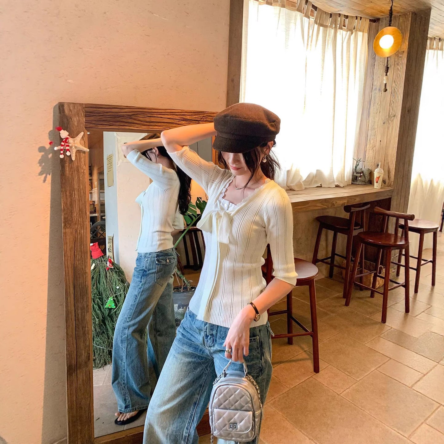 Elegant Lace Spliced Mock Two-Piece Knitted Top – Chic Knotted Fall Sweater for Women