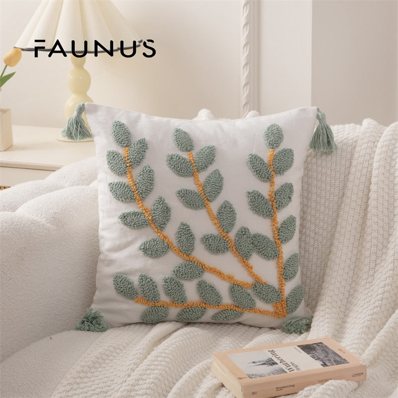 Bohemian Tufted Throw Pillow Cover - Ethnic Moroccan Leaf Embroidered Cushion Case