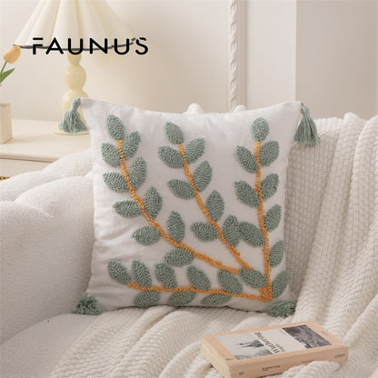 Bohemian Tufted Throw Pillow Cover - Ethnic Moroccan Leaf Embroidered Cushion Case