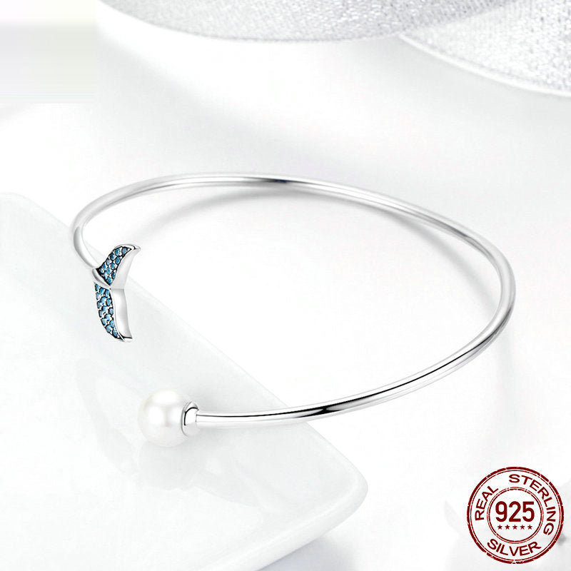 Blue Crystal Mermaid Tail & Pearl Adjustable Silver Bracelet