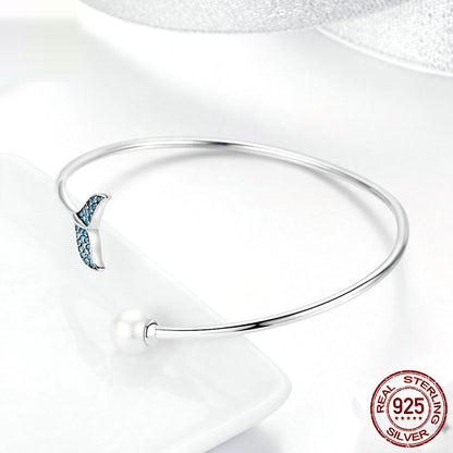 Blue Crystal Mermaid Tail & Pearl Adjustable Silver Bracelet
