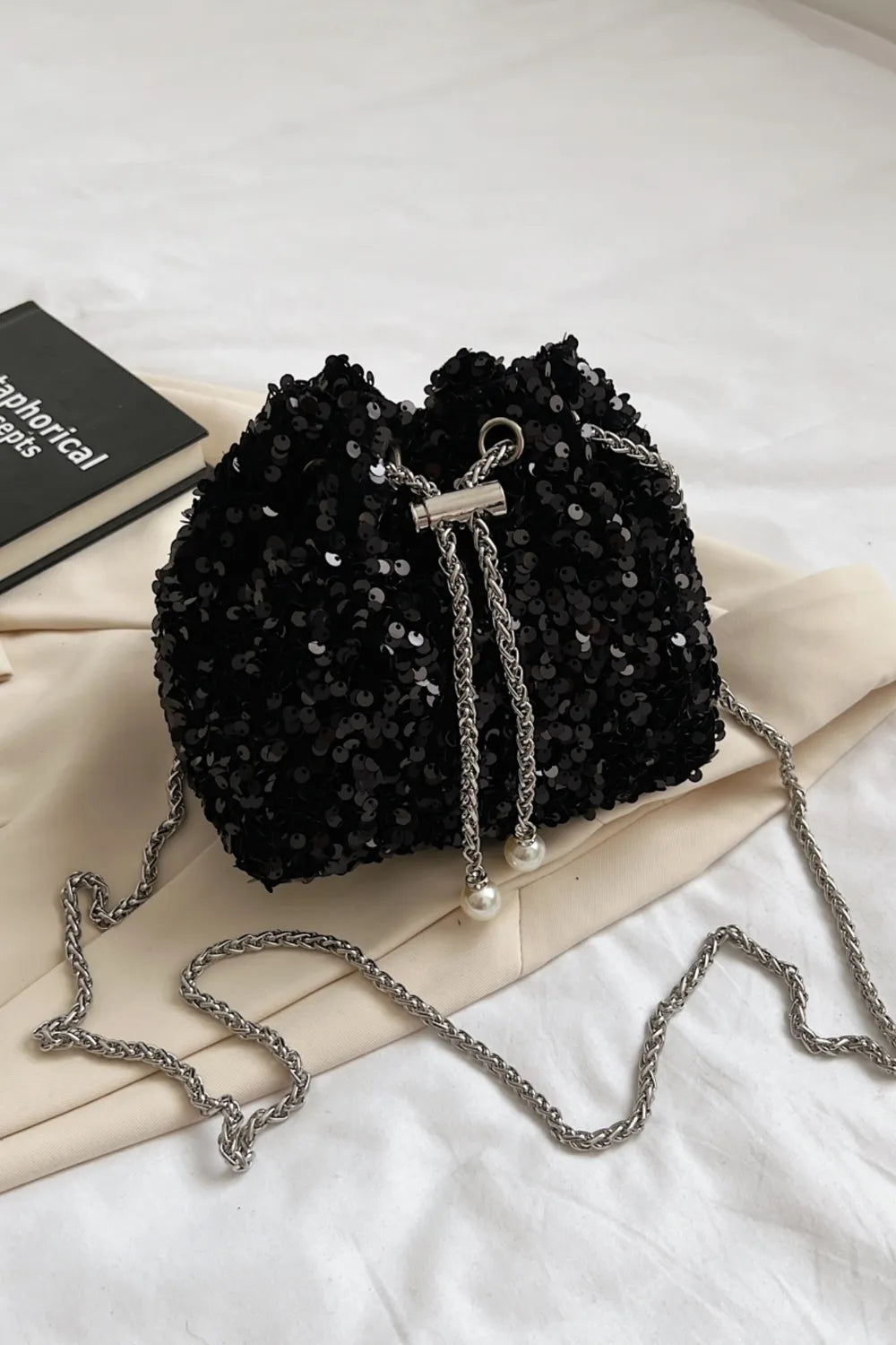 Sparkling Sequin Drawstring Bucket Bag with Chain Strap