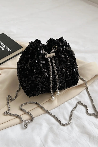 Sparkling Sequin Drawstring Bucket Bag with Chain Strap