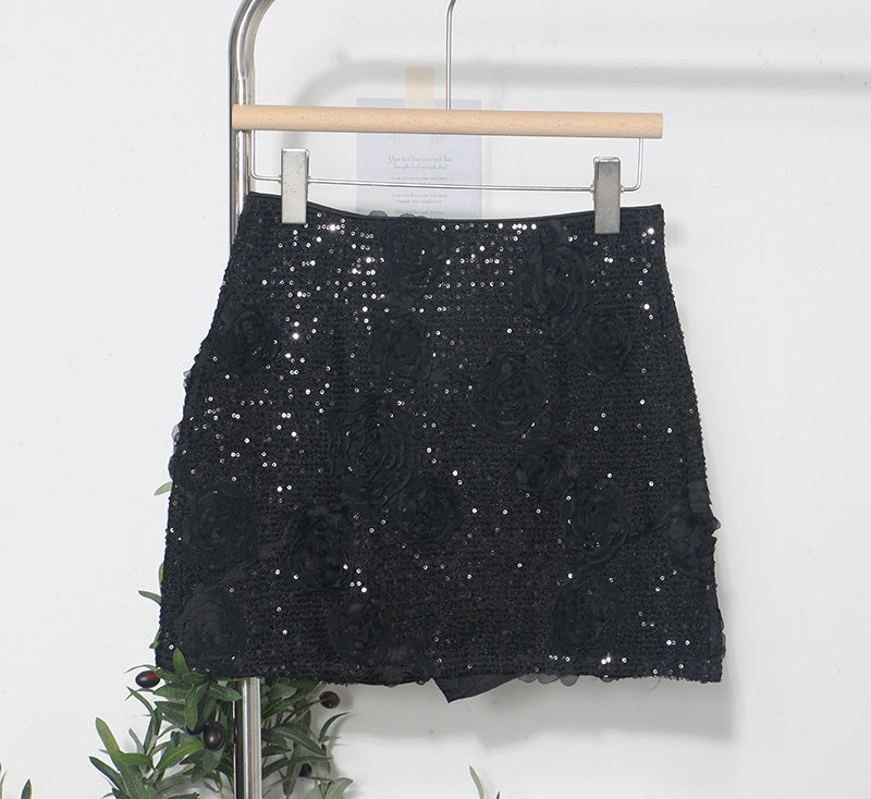 Glamorous White 3D Flower Sequin Mini Skirt - Elegant Floral Wrapped Hip Skirt