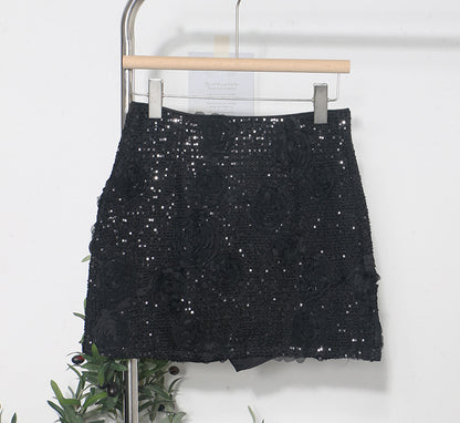 Glamorous White 3D Flower Sequin Mini Skirt - Elegant Floral Wrapped Hip Skirt