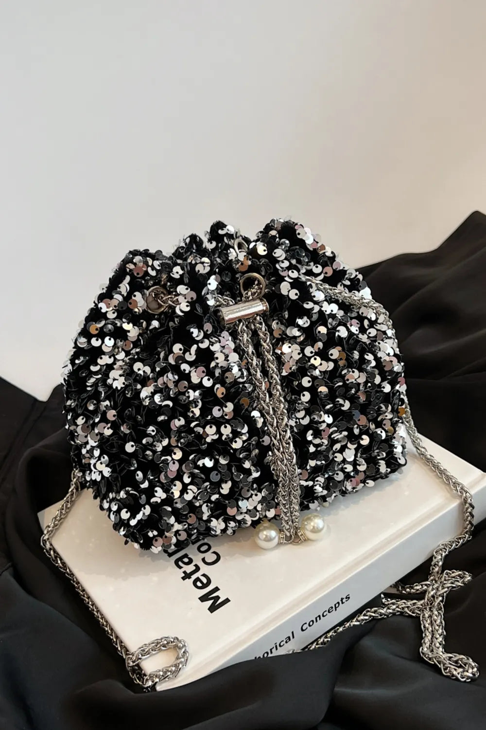 Sparkling Sequin Drawstring Bucket Bag with Chain Strap