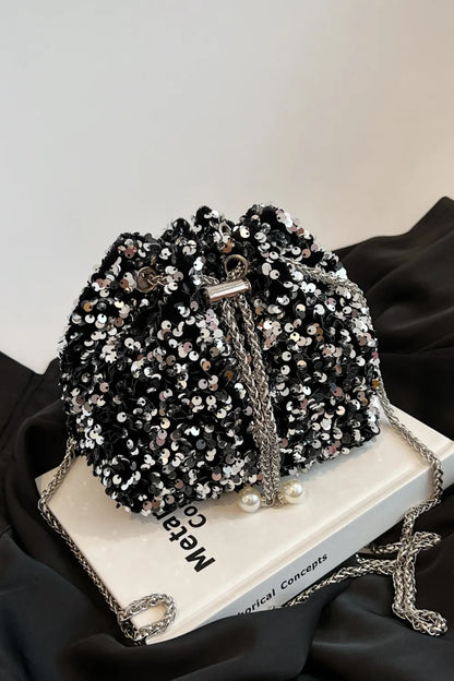 Sparkling Sequin Drawstring Bucket Bag with Chain Strap