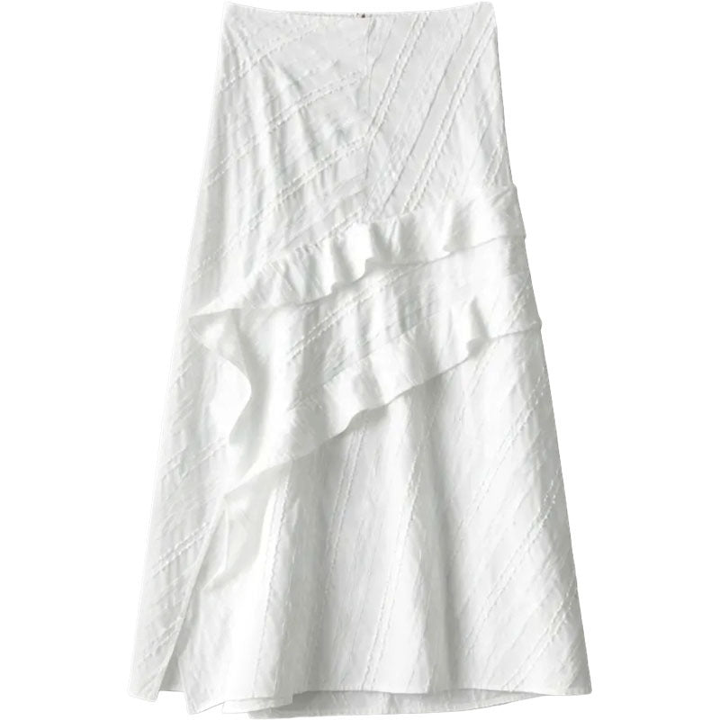 Women's High-Waist Slimming Tiered Midi Skirt - Asymmetric White Skirt
