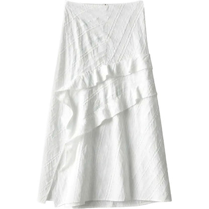 Women's High-Waist Slimming Tiered Midi Skirt - Asymmetric White Skirt