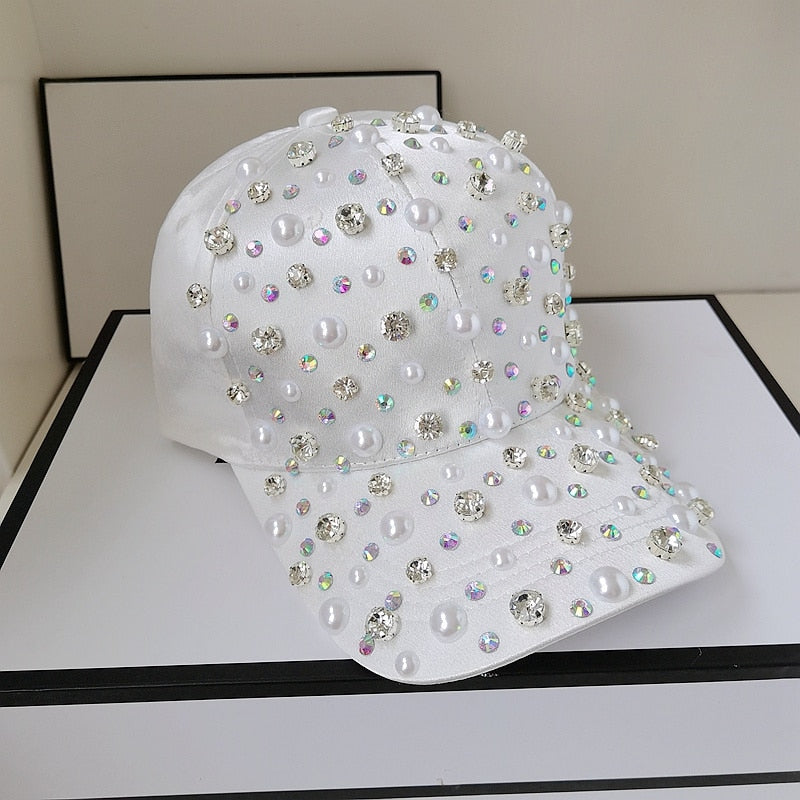 Elegant Pearl & Rhinestone Luxury Baseball Cap for Women - Adjustable Fashion Sun Hat