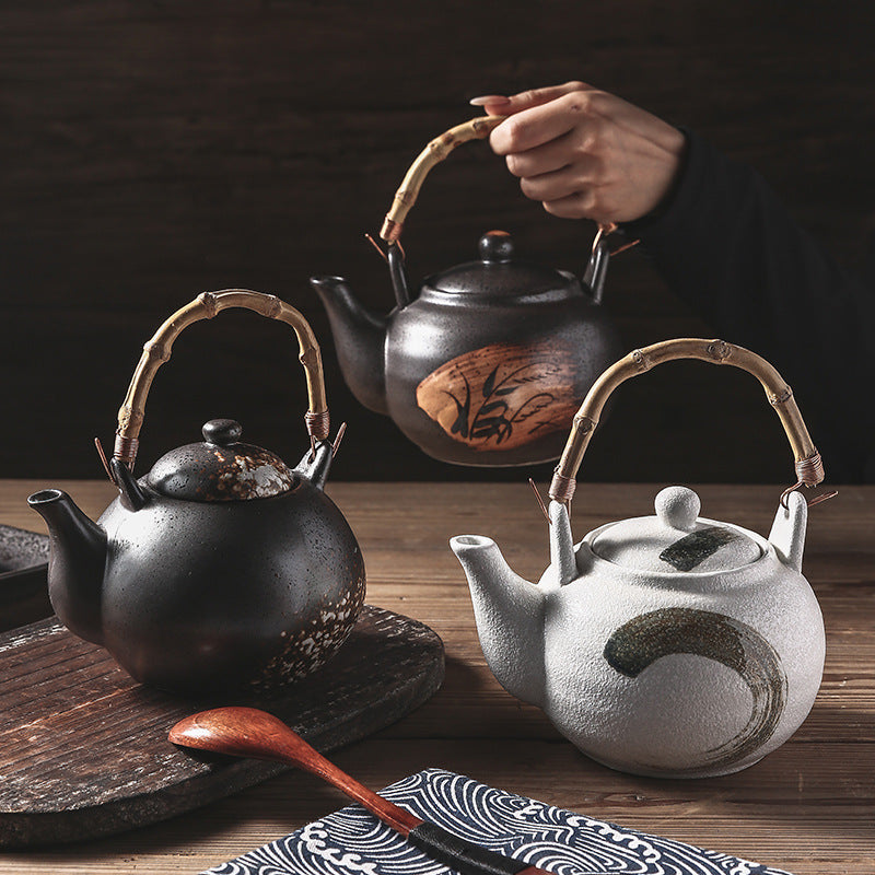 Artisan-Crafted Ceramic Teapots - Multicolored with Traditional Bamboo Rattan Handles