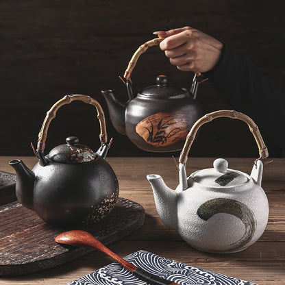 Artisan-Crafted Ceramic Teapots - Multicolored with Traditional Bamboo Rattan Handles