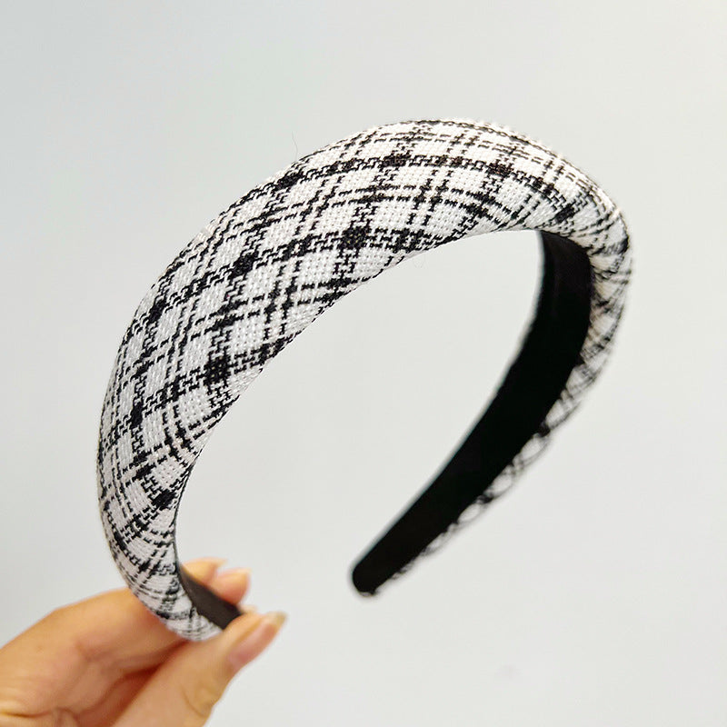 French Vintage Houndstooth Wide Headband - Elegant Thick Sponge Hair Hoop for Women
