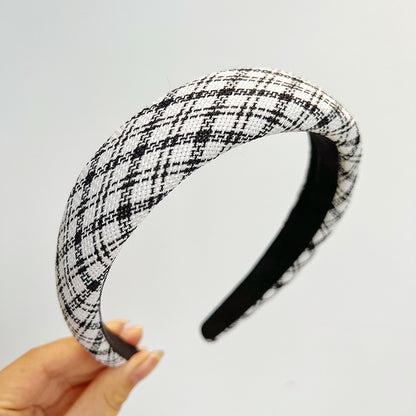 French Vintage Houndstooth Wide Headband - Elegant Thick Sponge Hair Hoop for Women