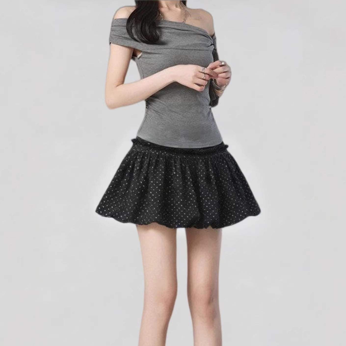 Women's Petite-Friendly Black Lace Trim Polka Dot Mini Skirt