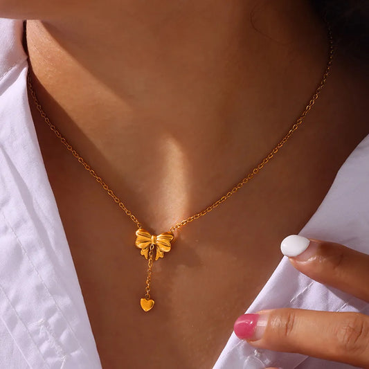 Gold Tone Bow & Heart Drop Lariat Necklace