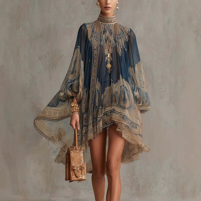 Elegant Asymmetrical Flowing Boho Dress - Chic Lantern Sleeve Party Gown