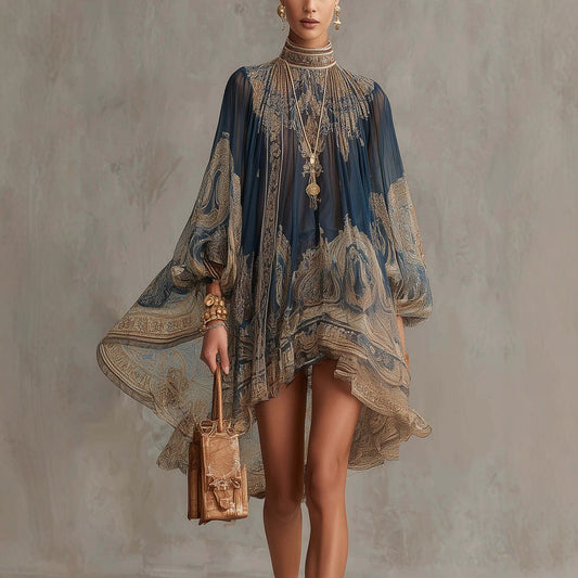 Elegant Asymmetrical Flowing Boho Dress - Chic Lantern Sleeve Party Gown