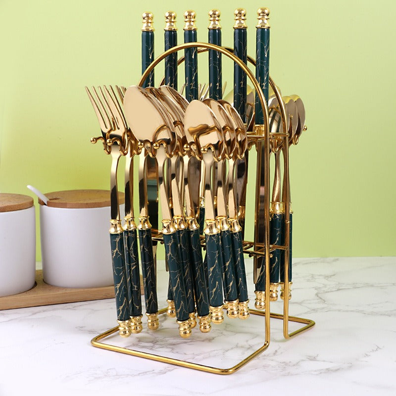 Luxury 24-Piece Golden Cutlery Set with Marble Pattern Handles & Gold Stand
