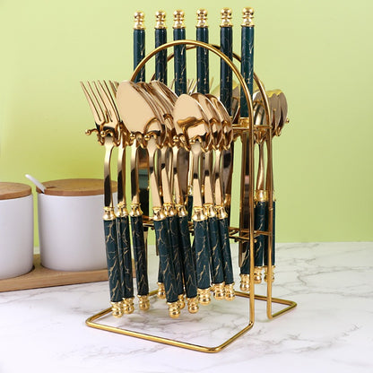 Luxury 24-Piece Golden Cutlery Set with Marble Pattern Handles & Gold Stand
