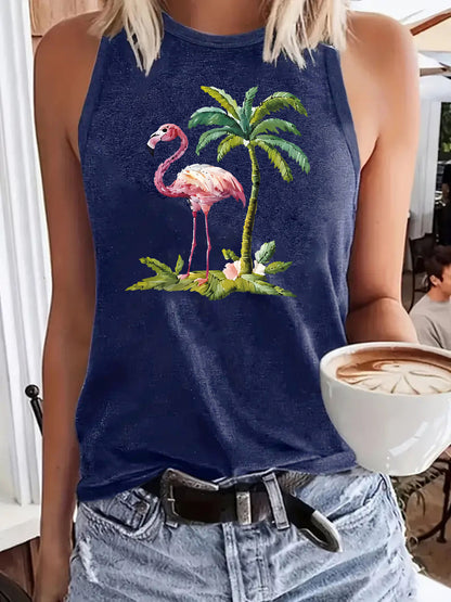 Flamingo Palm Tree Pattern Loose Women's Tank Top | Tropical Graphic Sleeveless Shirt