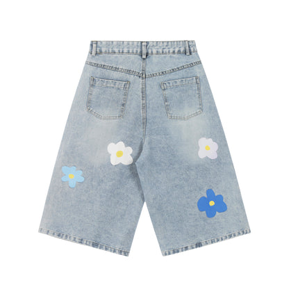 Cute Floral Print Wide Leg Denim Shorts - Y2K Aesthetic Light Wash Capri Pants