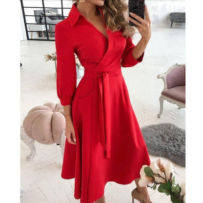 Elegant V-Neck Wrap Midi Dress - Chic Long Sleeve Office & Party Wear for Women