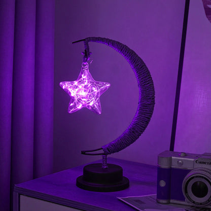 LED Star in Moon Night Light with Hemp Rope and Iron Art Base