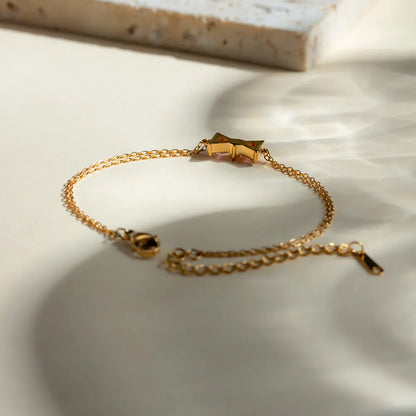 Elegant Stainless Steel Pink Zircon Bow Bracelet for Women