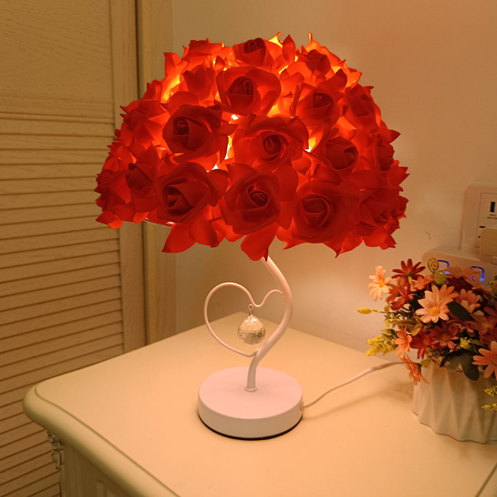 Romantic Rose Flower Heart-Shaped Table Lamp – Elegant Crystal Bedside Light for Wedding & Anniversary Gift