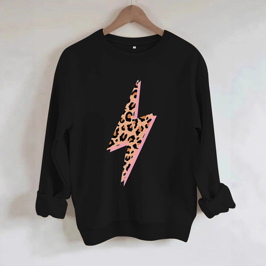 Women's Lightning Bolt with Leopard Pattern Print Sweatshirt | Crewneck Graphic Pullover