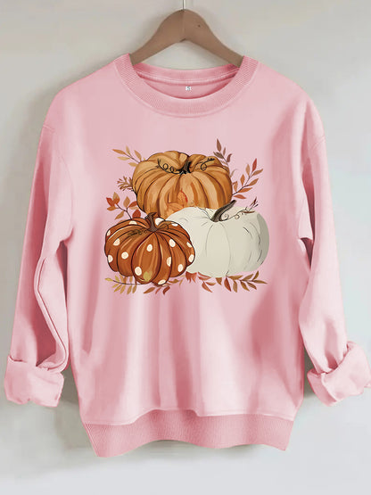 Three Pumpkin Pattern Printed Fall Sweatshirt | Thanksgiving Autumn Graphic Pullover