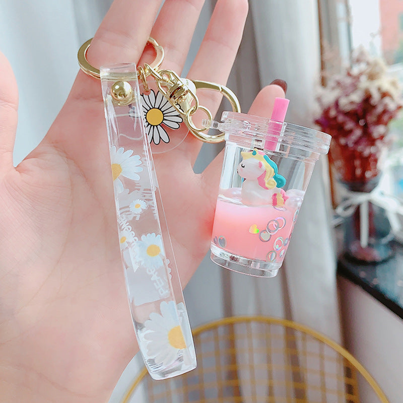 Creative Liquid Floating Unicorn Keychain - Glitter Quicksand Milk Tea Cup Bag Charm
