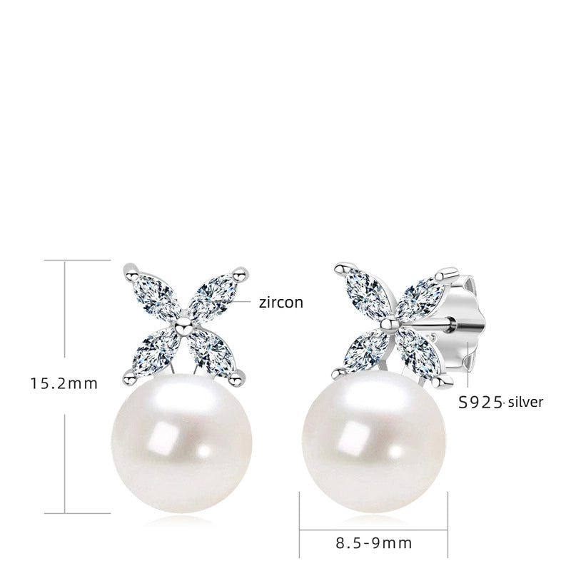 Elegant S925 Silver Freshwater Pearl Flower Stud Earrings