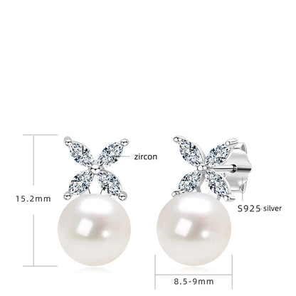 Elegant S925 Silver Freshwater Pearl Flower Stud Earrings