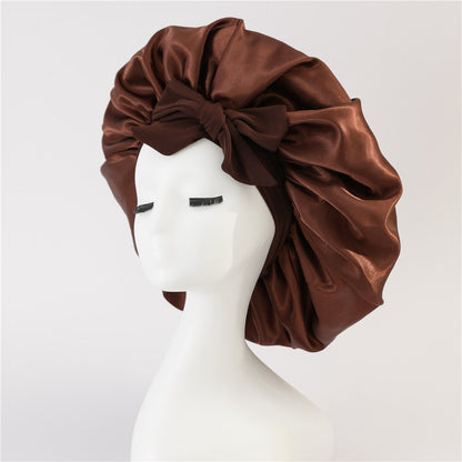 Wide-Brimmed Satin Bonnets with Elastic Ribbon Bow | Solid Color Hairdressing Sleep Cap