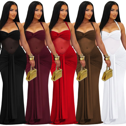 Elegant White Sheer Mesh Halter Maxi Dress – Sexy Tie-Back Glamorous Evening Gown for Women
