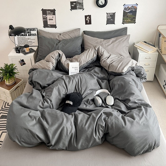 Premium Washed Cotton Double-Spliced Bedding Set – Soft Sky Blue & Cream 4-Piece Duvet Cover Set for Dormitory & Home