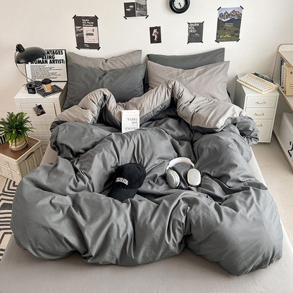 Premium Washed Cotton Double-Spliced Bedding Set – Soft Sky Blue & Cream 4-Piece Duvet Cover Set for Dormitory & Home