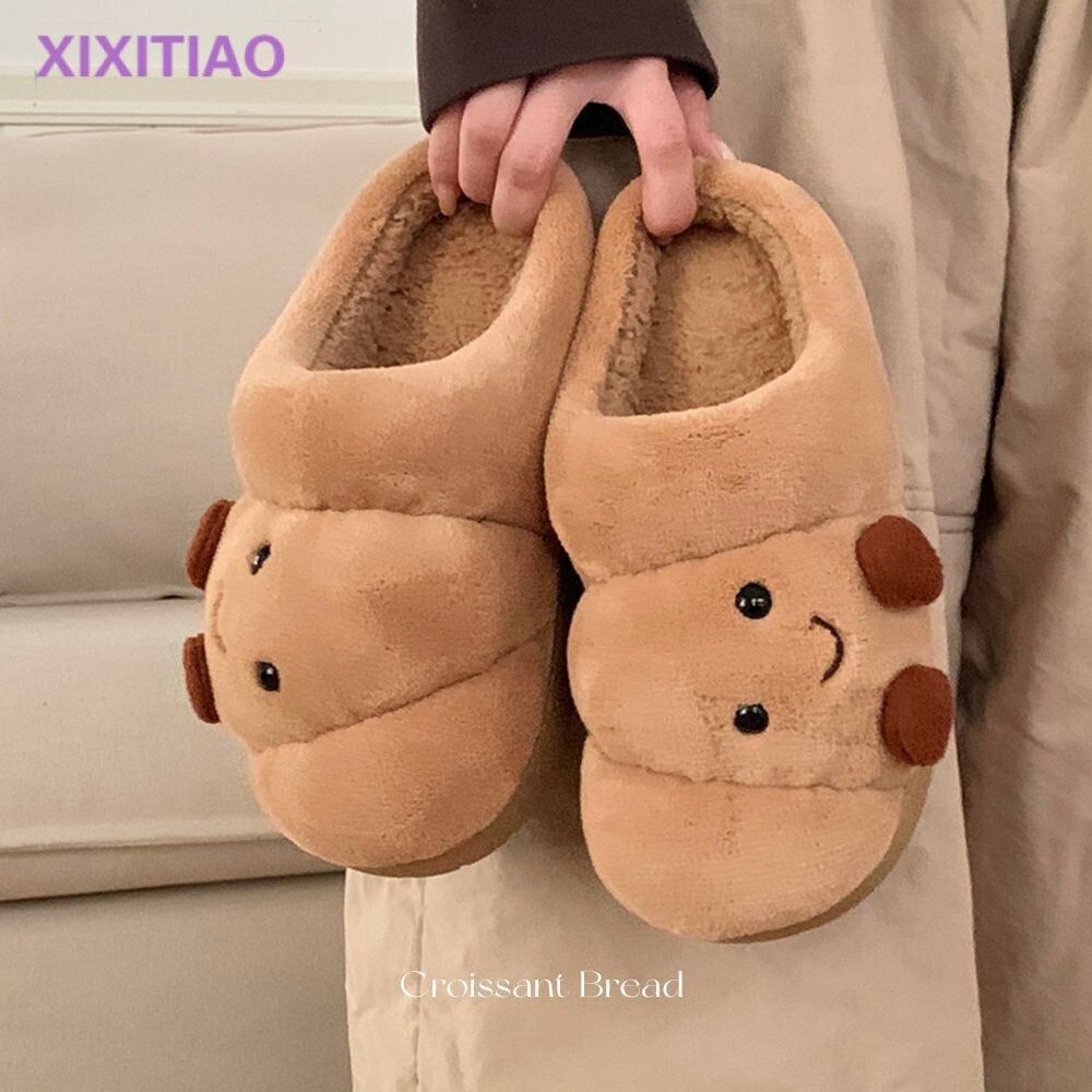 Cute Croissant Bread Winter Cotton Slippers for Couples