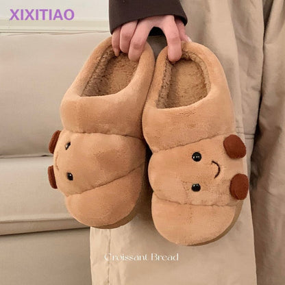 Cute Croissant Bread Winter Cotton Slippers for Couples