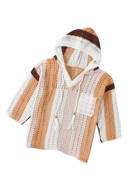 Chic Colorblock Striped Hooded Sweater - Boho Cut Out Knit Pullover
