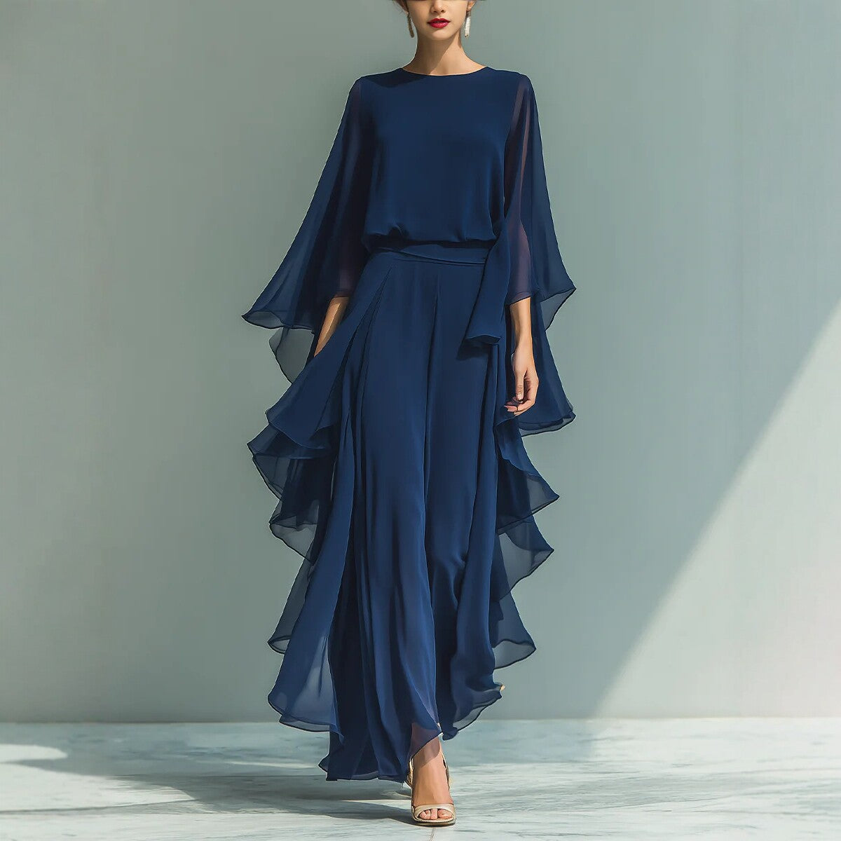 Women's Elegant Deep Blue Ruffle Wide-Leg Pants Set - Two-Piece Long Sleeve Outfit