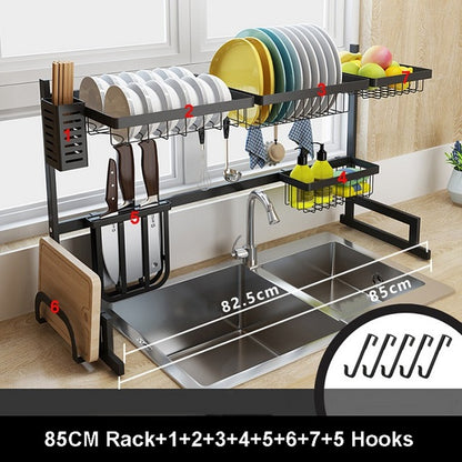 Over the Sink Dish Drying Rack - 2-Tier Stainless Steel Kitchen Organizer & Storage Space Saver (Black, 65/85cm)
