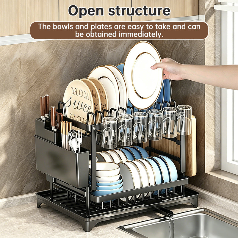 2-Tier Carbon Steel Dish Rack with Cutting Board & Utensil Holder