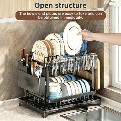 2-Tier Carbon Steel Dish Rack with Cutting Board & Utensil Holder